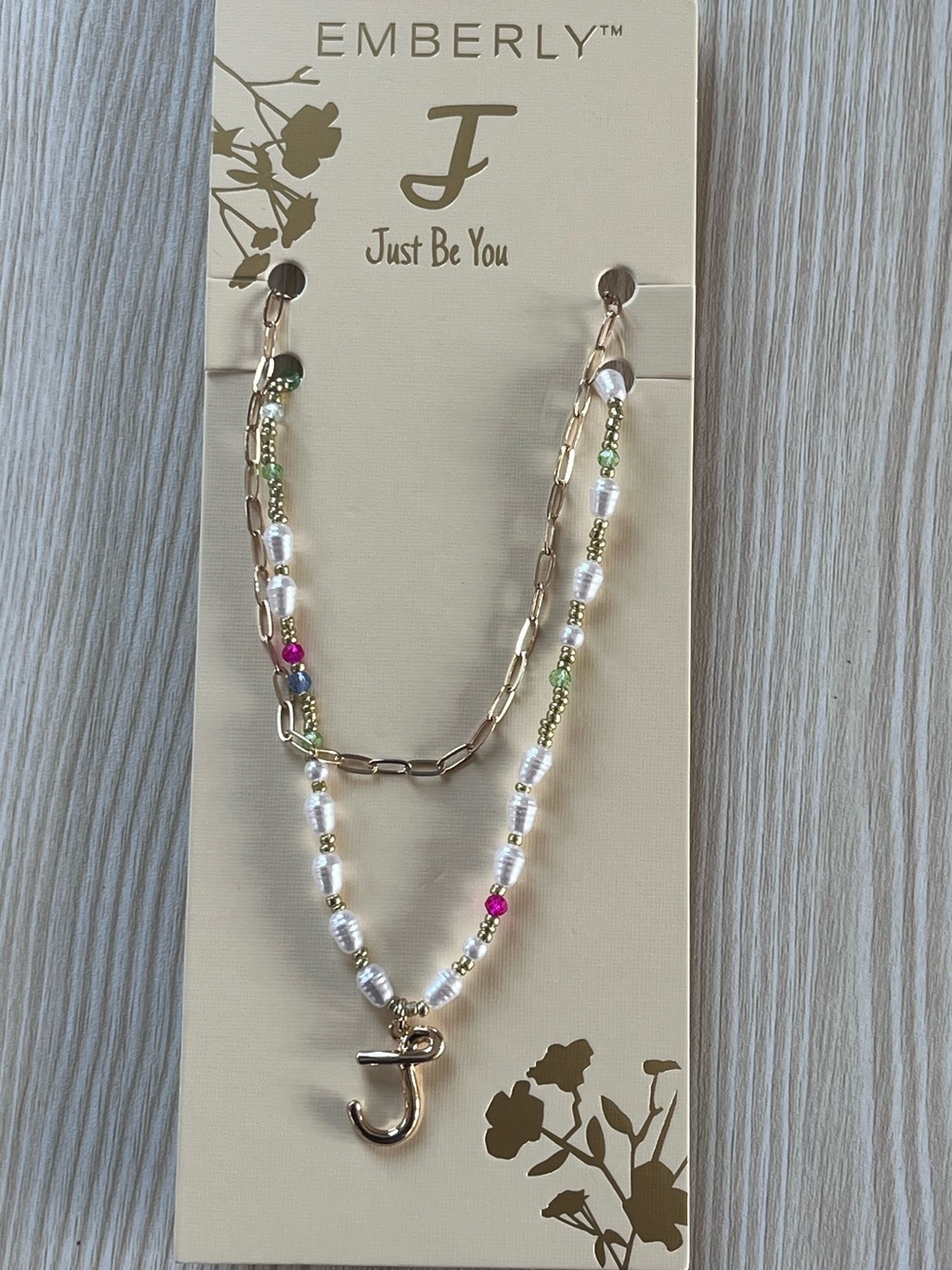 Emberly Gold Layered Necklace with Pearl Beads and Pink & Green Accents